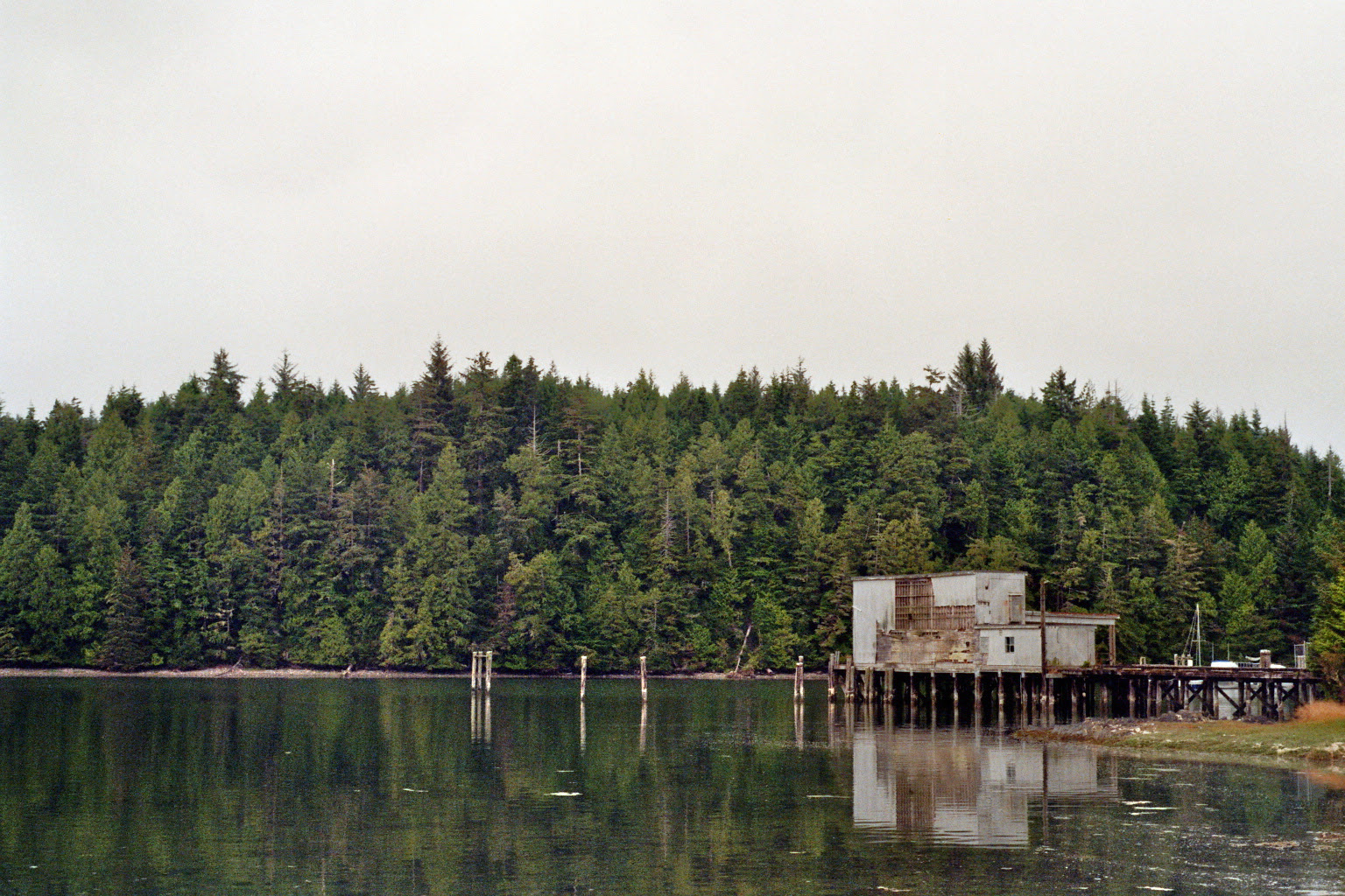 a lake and a warehouse